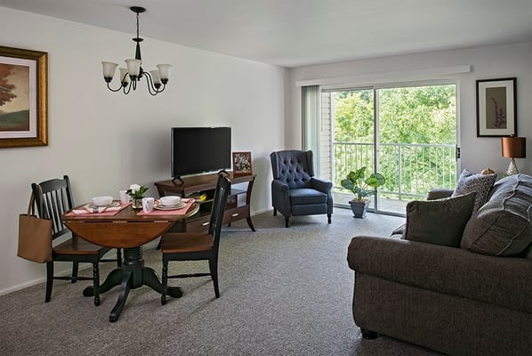 Interior view of a cozy apartment with living area and dining space