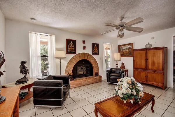 Bright common area with seating and decorative elements