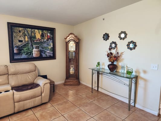 A cozy interior view with a clock and decorative items