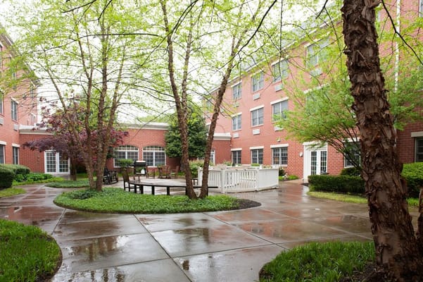 Serene outdoor courtyard with seating and walkways