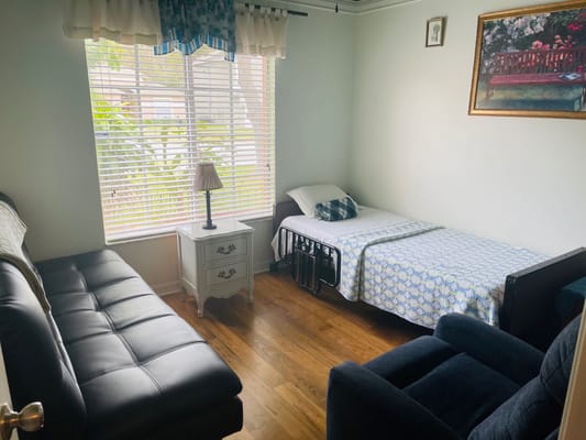 A cozy room with a single bed, a sofa, and a bedside lamp