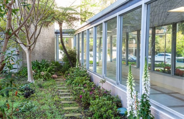 Garden path alongside facility windows