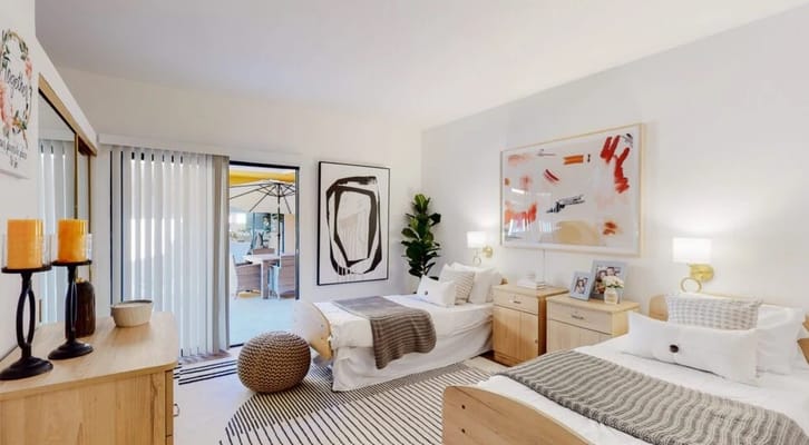 Brightly decorated interior of a resident room