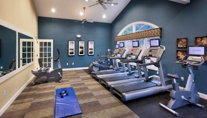 Interior of the gym featuring treadmills and exercise bike.