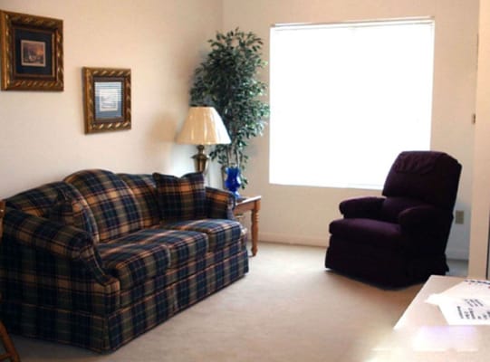 Cozy living area with a sofa and armchair