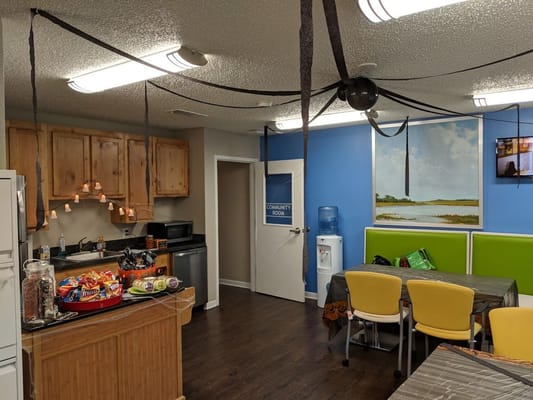 Community room with snacks and casual seating