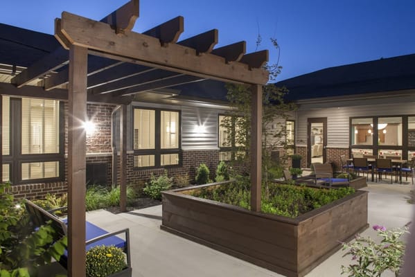 Outdoor courtyard with seating and garden