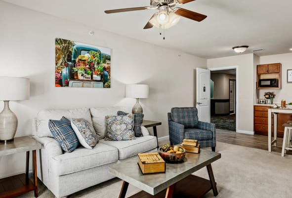 Comfortable living room with a sofa, chairs, and decorative elements