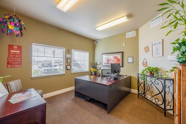 Welcoming reception area with desk and plants