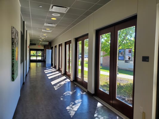 A well-lit hallway with large windows showing a glimpse of the outdoors.