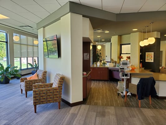 Bright and welcoming lobby with seating and plants