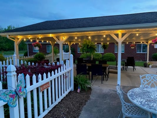 Outdoor space with seating and decorative elements