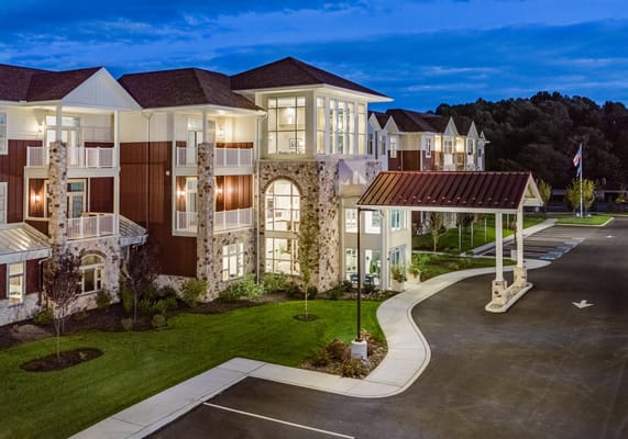 Exterior view of Fieldstone at Chester Springs at dusk