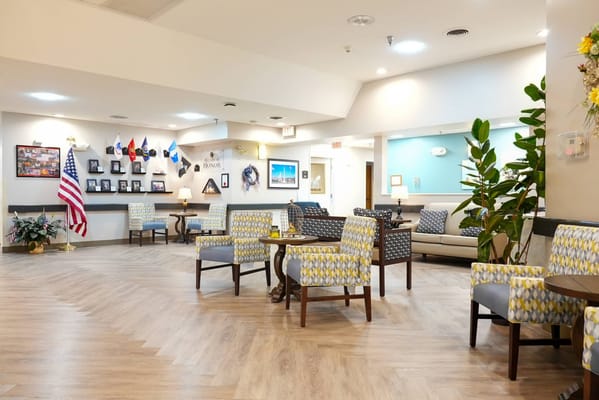 Interior view of a common area with seating and decor