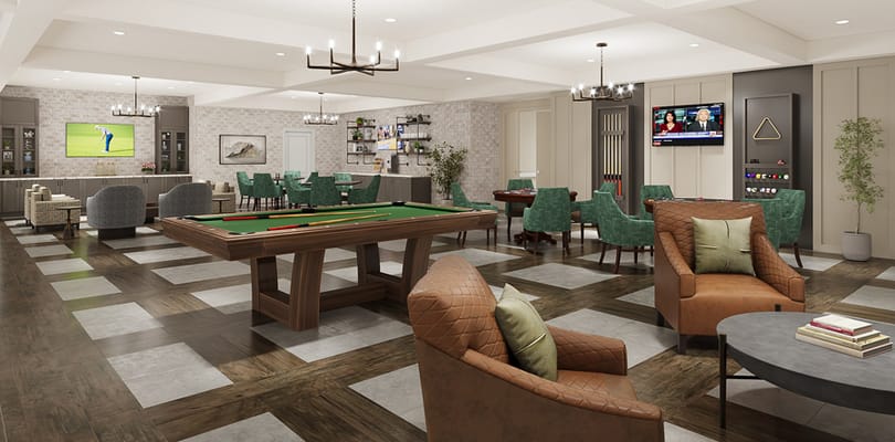 Common area with games and seating for residents