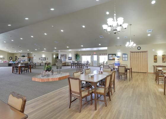 Bright dining area in a senior living facility