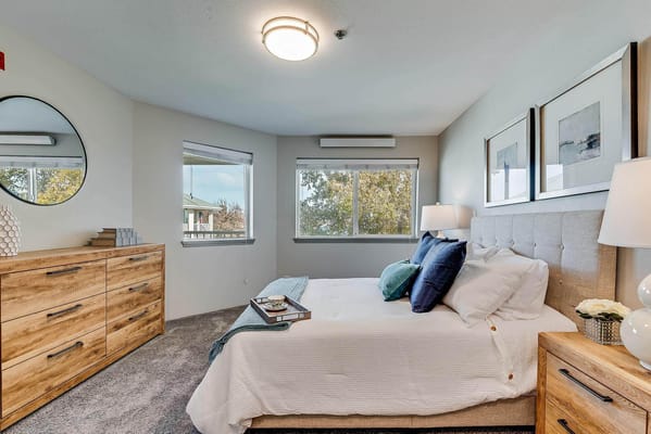 A well-decorated bedroom with a bed, dresser, and natural light