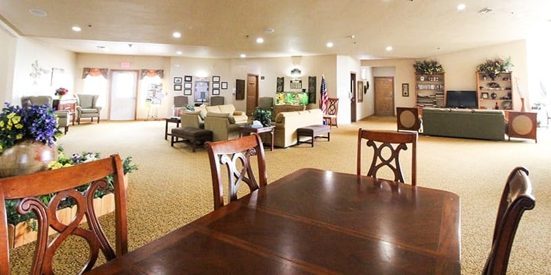 Bright and spacious common area with seating and decor