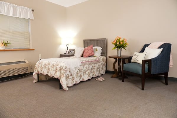 Cozy bedroom setup in assisted living facility