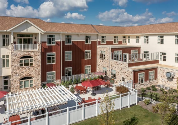 Exterior view of the building and outdoor patio area