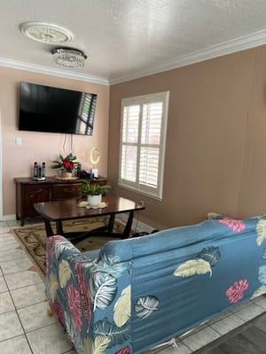 Cozy common area with a sofa and coffee table