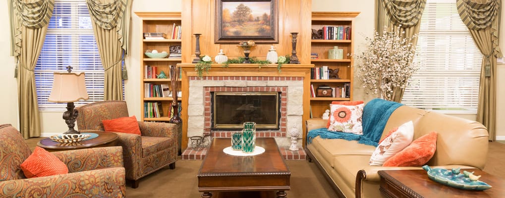 Cozy common area with fireplace and seating
