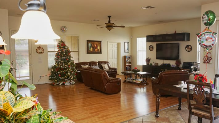 Warm, inviting living room with a Christmas tree, comfortable seating, and holiday decorations.
