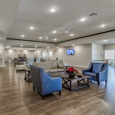Bright common area with seating and decor