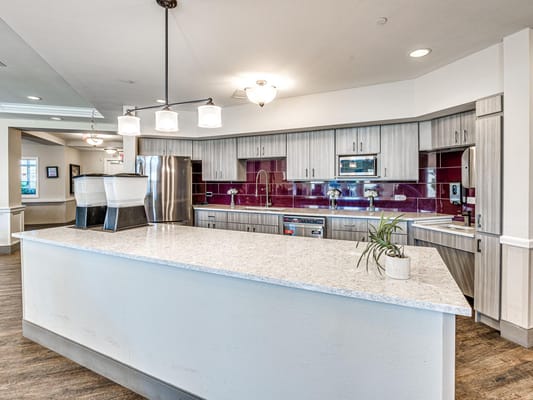 A spacious kitchen with modern appliances and a large island.