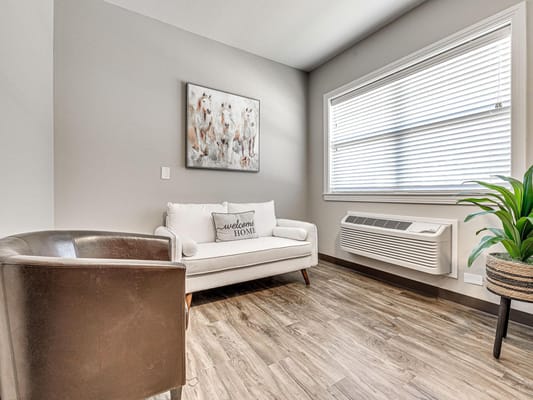 A comfortable living room with a white sofa and armchair, decorative art, and a plant.