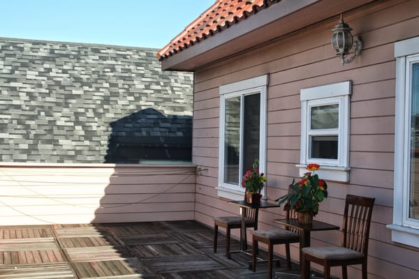 Seating area with plants on the rooftop patio