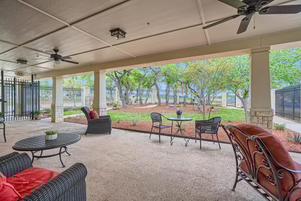Outdoor seating area with garden view