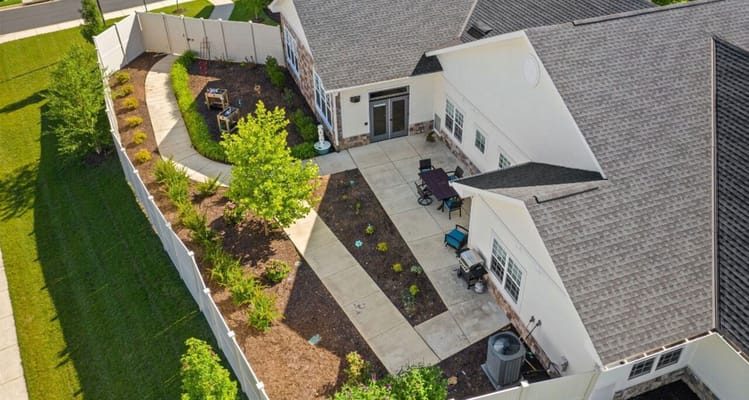 Aerial view of the garden area at Poet's Walk Leesburg