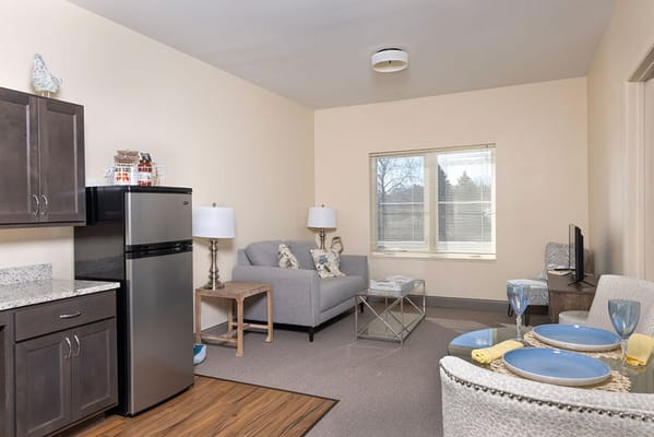 Bright living room with a couch, dining table, and kitchenette