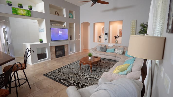 Cozy living room with sectional sofa and decorative accents