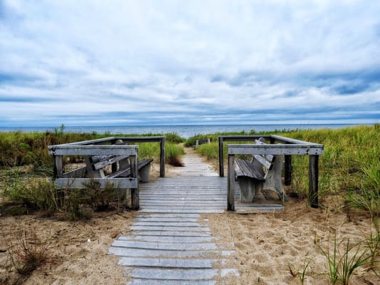 Wooden walkway leading to the beach among tall grass