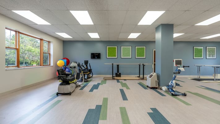 Interior exercise room with fitness equipment