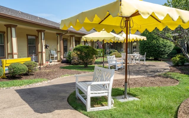 Outdoor seating area with yellow umbrellas and benches