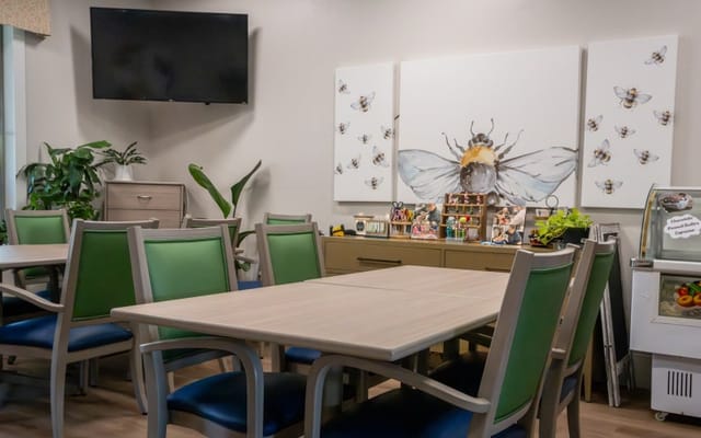Interior view of a dining area with artwork