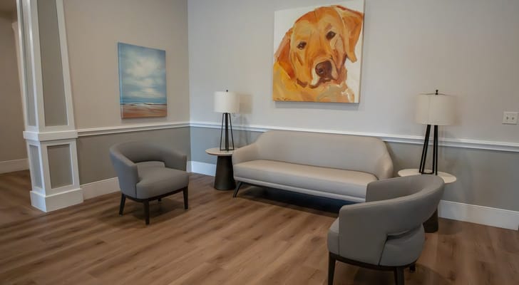 Bright interior lounge with seating and art