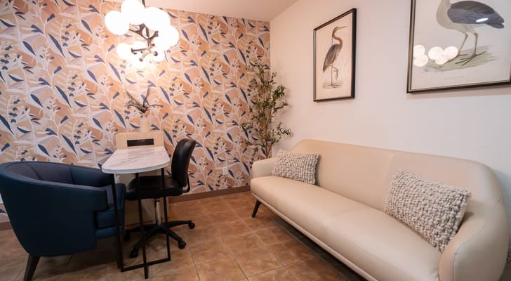 Bright interior space with modern furniture and artwork