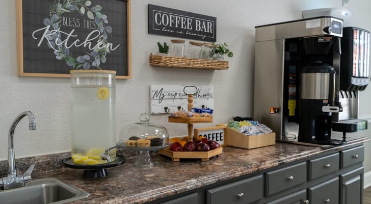 Interior shot of a coffee bar area with refreshments