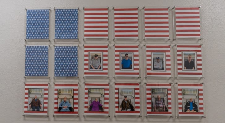 Photos of residents with American flag background