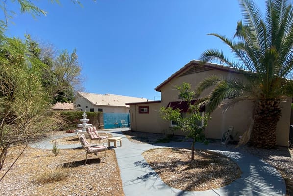 Outdoor patio area with seating and palm trees