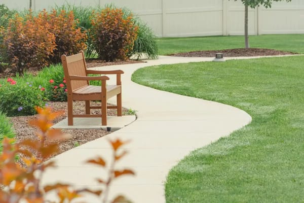 A winding path with a bench and flower beds in the garden