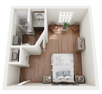 Layout of a private resident room with furniture