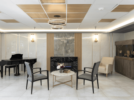 Stylish common area with seating and piano