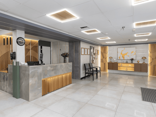 Interior lobby with reception desk and decor