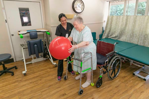Staff assisting a resident with a therapy ball in an activity room