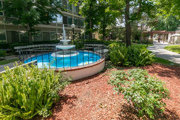 Outdoor fountain and garden area at the facility
